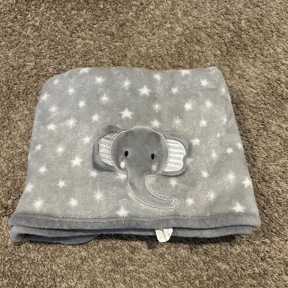 Parent's Choice Gray & White Star Fleece Baby Blanket w/ Embroidered 3D Elephant